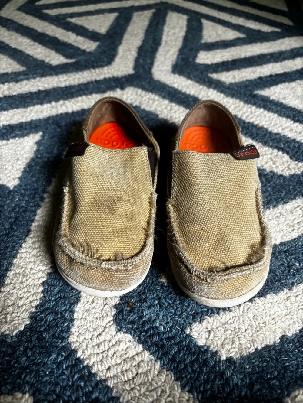 CROCS Kids Canvas Slip-Ons in Tan, Brown with Orange Insole
